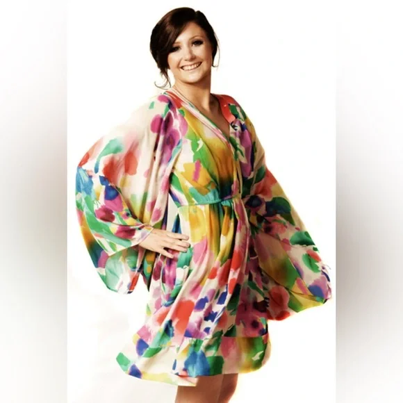 NWT H&M watercolor rainbow billow sleeve mini dress - Picture 7 of 8